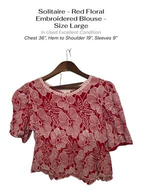 Solitaire Red Floral Embroidered Blouse Size Large Boho Cottagecore Top